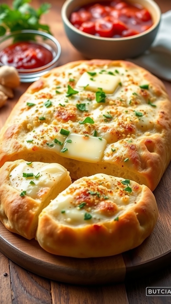 Garlic Bread Made with Pizza Dough Golden garlic bread made from pizza dough, garnished with parsley, on a wooden board with marinara sauce.